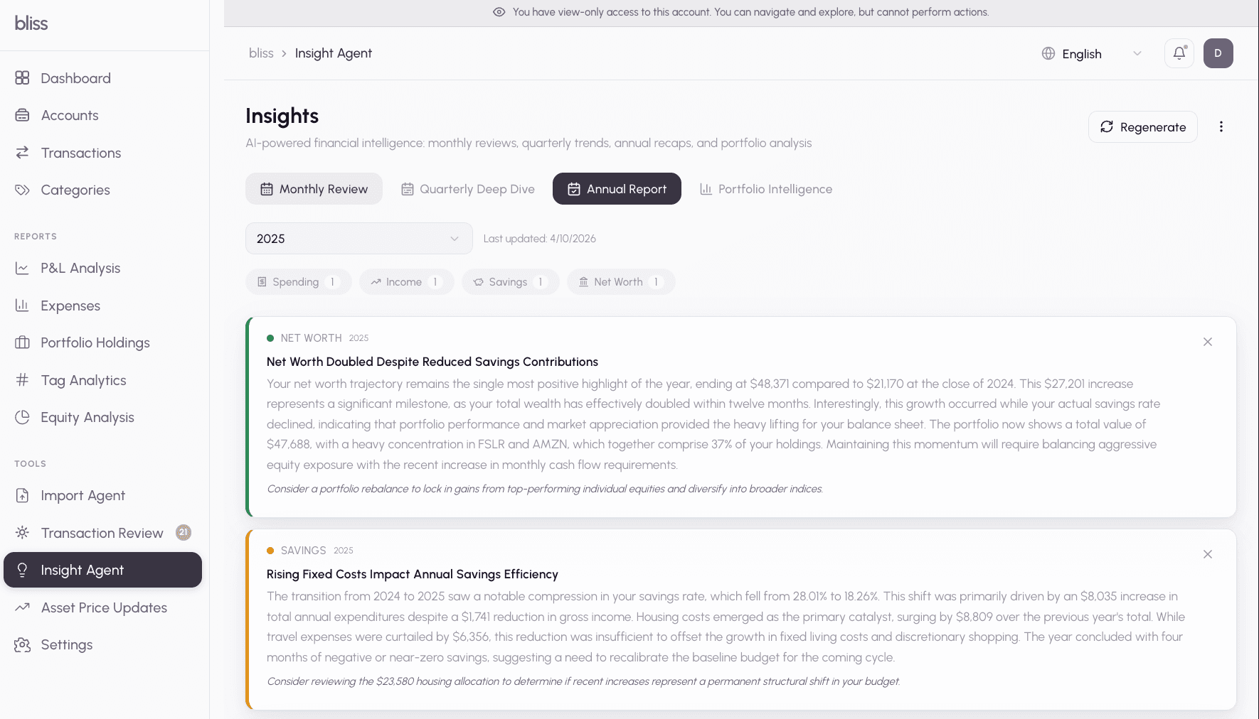 Insights page with category tabs, tier badges, and severity filters