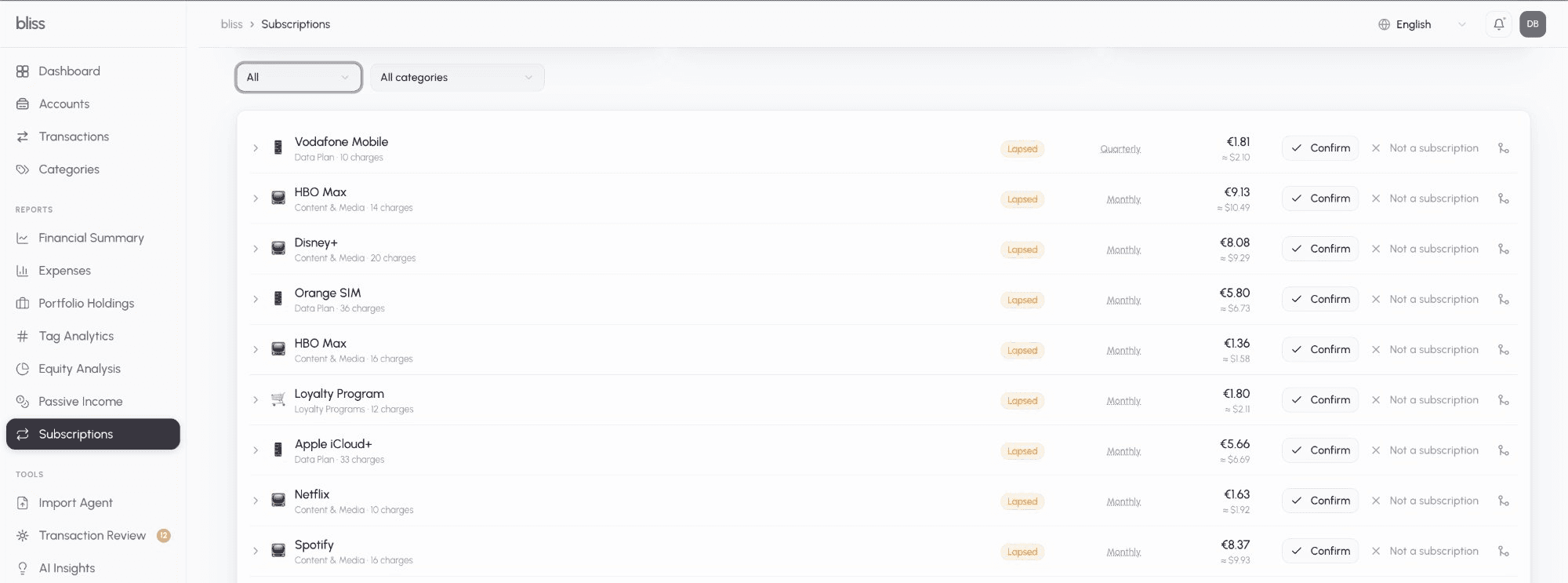 Subscriptions page listing recurring charges by merchant with cadence, amount and monthly and annual totals