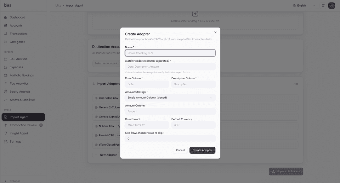 Smart Import adapter creation modal showing column mapping configuration