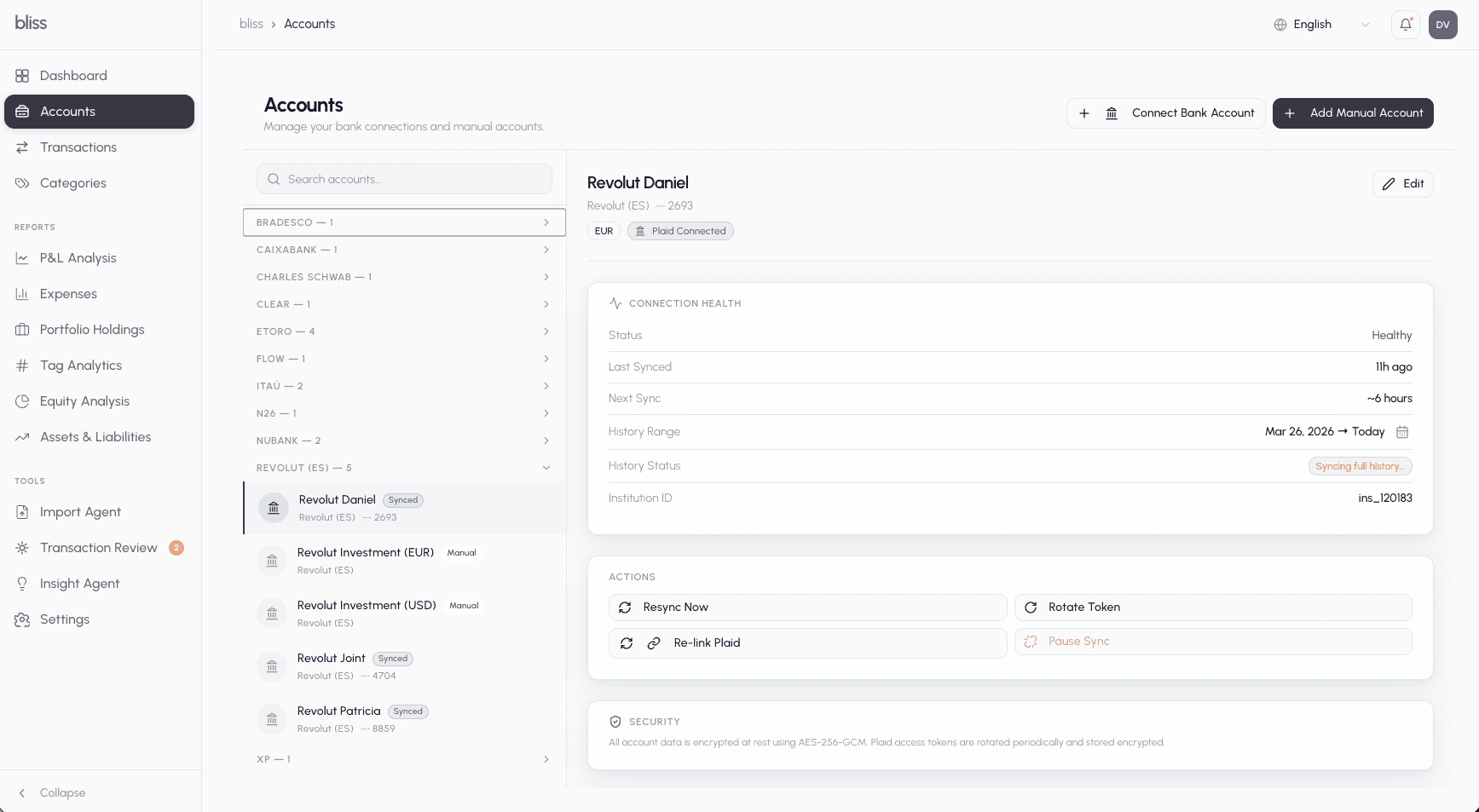 Accounts page with Plaid connection