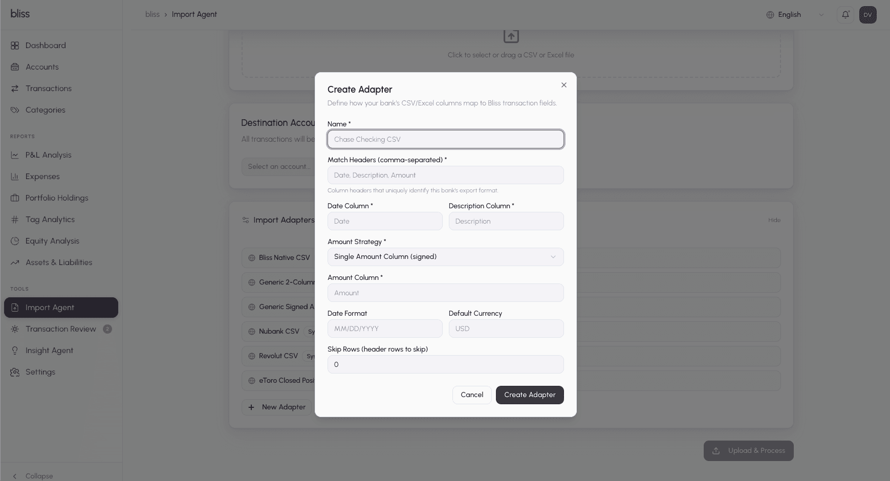 Adapter creation dialog