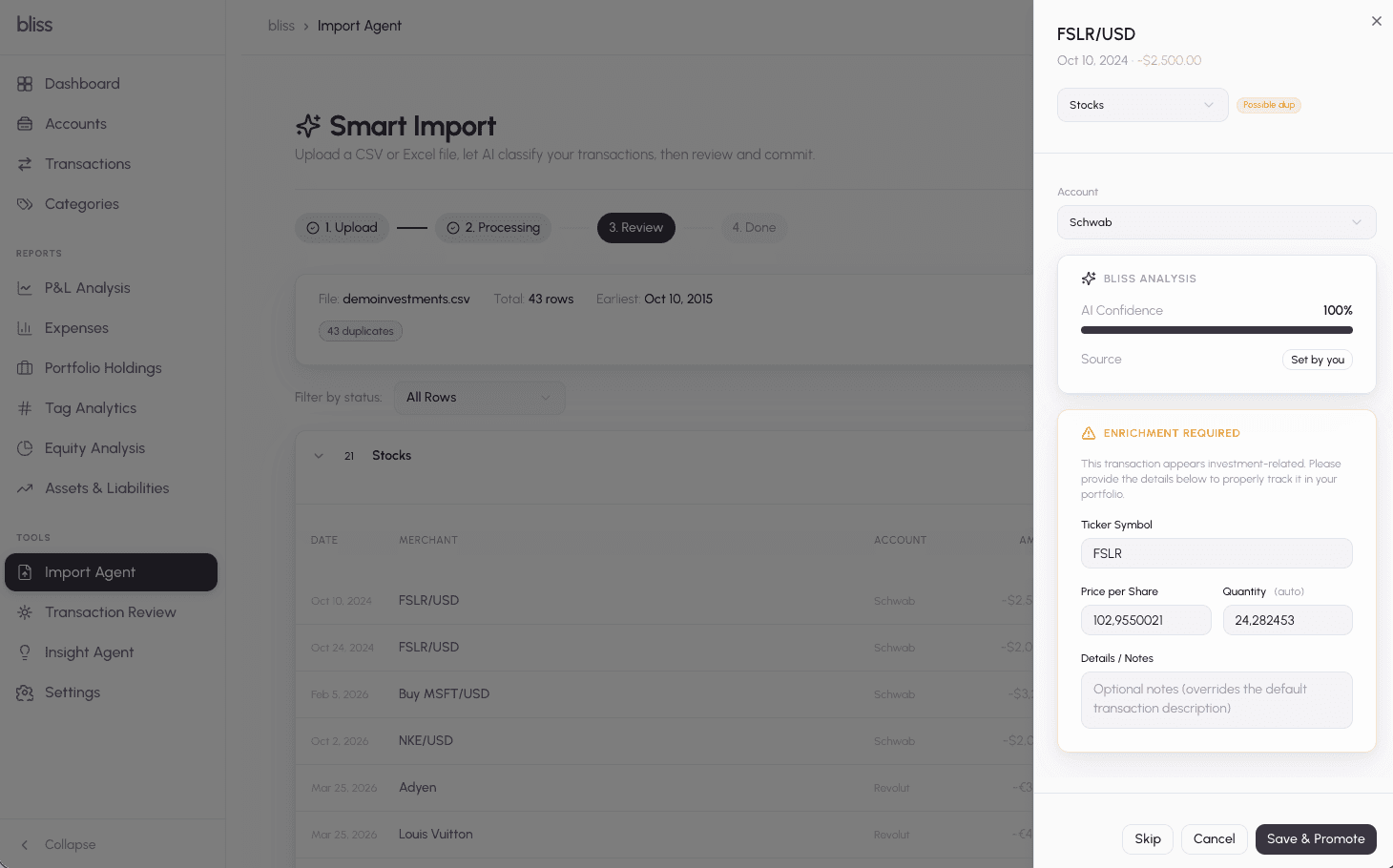 Transaction review with AI drawer